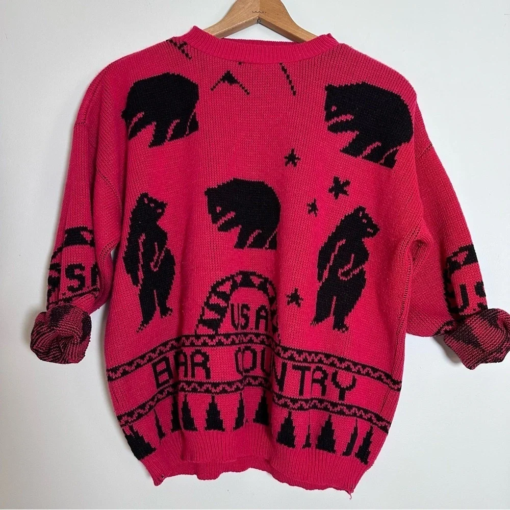 Vintage 80s Jane Adams Red Bear Country Acrylic Sweater Made in USA One Size
